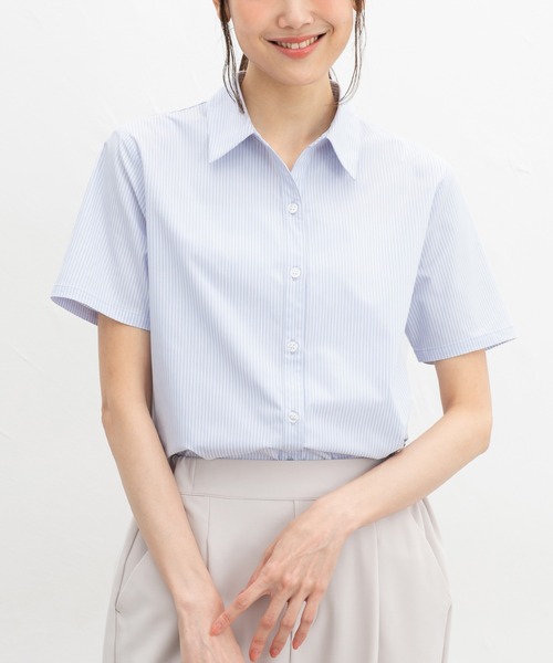 Honeys（ハニーズ）の「【らくらくアイロン】らくらく半袖スキッパーシャツ（ビジネスシャツ・レディース・グレー系その他/サックスブルー/ブルー系その他3/ホワイト系その他/ホワイト/ホワイト×グレー・3L/L/LL/M/S）」の6枚目の写真