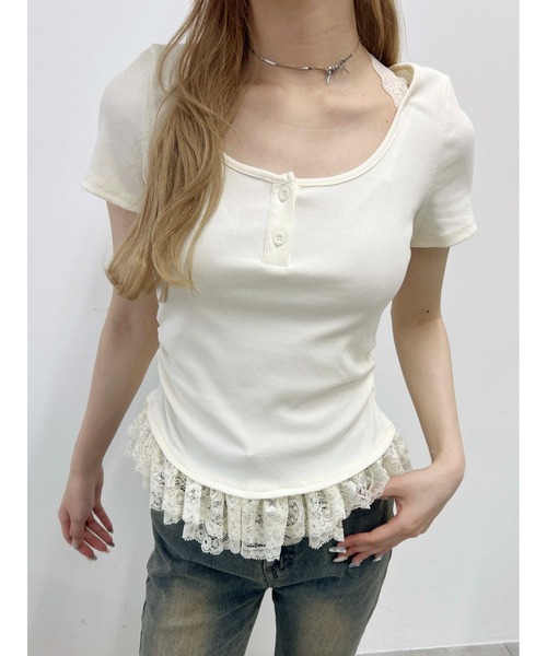 PHILLY(フィリー)の「【PHILLY】レースチョーカードッキングトップス(Tシャツ/カットソー・レディース・グレー/アイボリー・FREE)」の2枚目の写真
