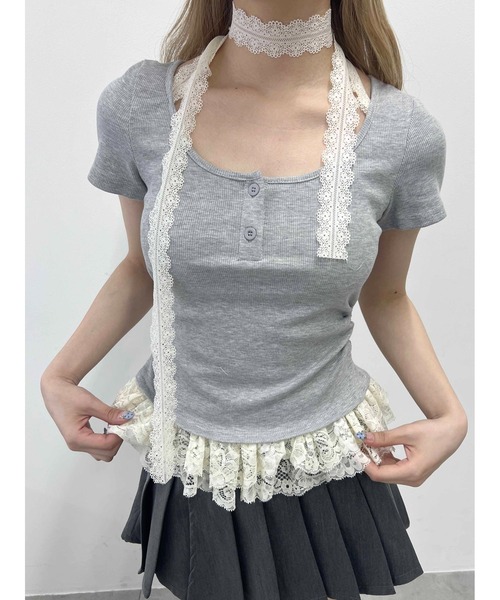 PHILLY(フィリー)の「【PHILLY】レースチョーカードッキングトップス(Tシャツ/カットソー・レディース・グレー/アイボリー・FREE)」の14枚目の写真