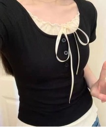 胸リボンレイヤード風半袖トップス