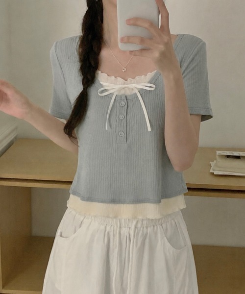 セール】胸リボンレイヤード風半袖トップス（Tシャツ/カットソー