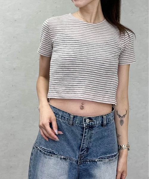 Per sist ence（パーシエンス）の「シアーボーダーショート丈Ｔシャツ（Tシャツ/カットソー・レディース・グレー/ブラウン/ネイビー・ONE SIZE）」の2枚目の写真