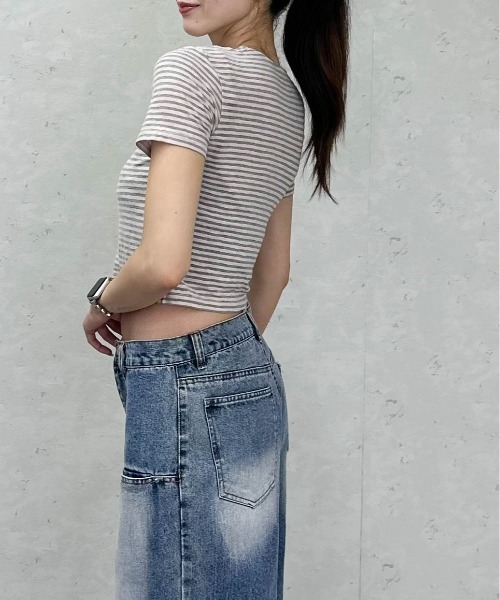 Per sist ence（パーシエンス）の「シアーボーダーショート丈Ｔシャツ（Tシャツ/カットソー・レディース・グレー/ブラウン/ネイビー・ONE SIZE）」の4枚目の写真