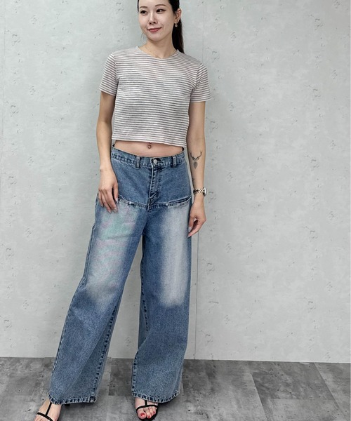 Per sist ence（パーシエンス）の「シアーボーダーショート丈Ｔシャツ（Tシャツ/カットソー・レディース・グレー/ブラウン/ネイビー・ONE SIZE）」の5枚目の写真