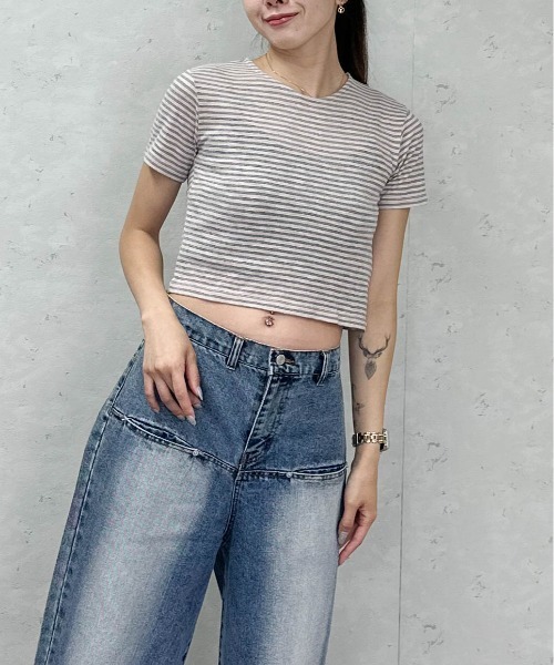 Per sist ence（パーシエンス）の「シアーボーダーショート丈Ｔシャツ（Tシャツ/カットソー・レディース・グレー/ブラウン/ネイビー・ONE SIZE）」の7枚目の写真