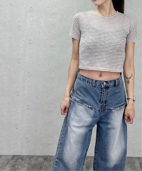 Per sist ence（パーシエンス）の「シアーボーダーショート丈Ｔシャツ（Tシャツ/カットソー・レディース・グレー/ブラウン/ネイビー・ONE SIZE）」の10枚目の写真