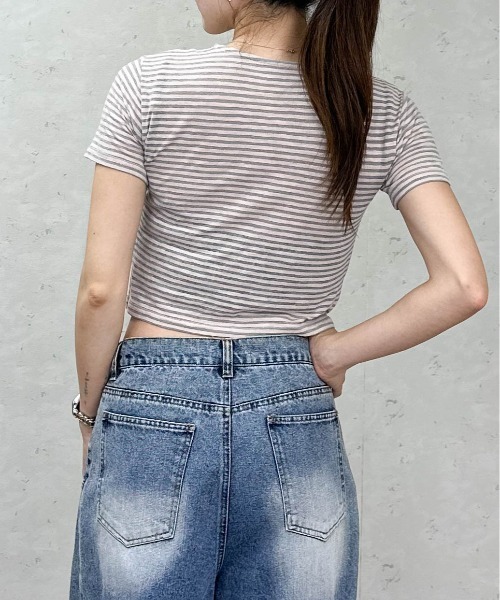 Per sist ence（パーシエンス）の「シアーボーダーショート丈Ｔシャツ（Tシャツ/カットソー・レディース・グレー/ブラウン/ネイビー・ONE SIZE）」の13枚目の写真