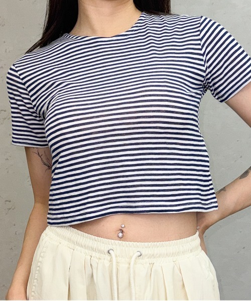 Per sist ence（パーシエンス）の「シアーボーダーショート丈Ｔシャツ（Tシャツ/カットソー・レディース・グレー/ブラウン/ネイビー・ONE SIZE）」の19枚目の写真