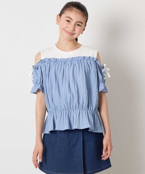 a.v.v（アーヴェヴェ）の「[100-160]【セットアップも出来る】袖レースアップオフショルブラウス（シャツ/ブラウス・キッズ・ブラック/ブルー・110/100/160/120/130/150/140）」の4枚目の写真