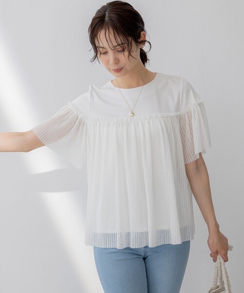 組曲（クミキョク）の「プリーツコンビ5分袖 カットソー（Tシャツ/カットソー・レディース・ブラック系/ブルー系/アイボリー系・2/3）」の4枚目の写真