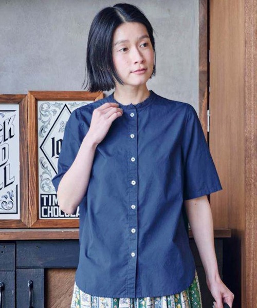 Sunny clouds(サニークラウズ)の「サニークラウズ 衿だけ半袖ブラウス〈レディース〉(シャツ/ブラウス・レディース・イエロー系その他/ライトグレー/ネイビー・M/L/LL)」の1枚目の写真