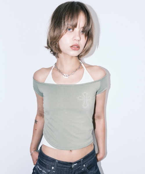 Midnight Move（ミッドナイトムーブ）の「A'GEM/9 × .kom 『MIDNIGHT MOVE/ミッドナイトムーブ』 AG CROSS T-SHIRT/AG クロス半袖Tシャツ（Tシャツ/カットソー・レディース・ホワイト/カーキ/チャコールグレー・FREE）」の12枚目の写真