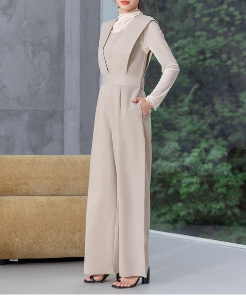 セール】レディース きれいめVネックウエスト切替タックオールインワン