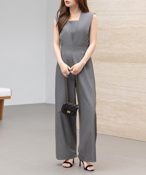 セール】レディース きれいめVネックウエスト切替タックオールインワン