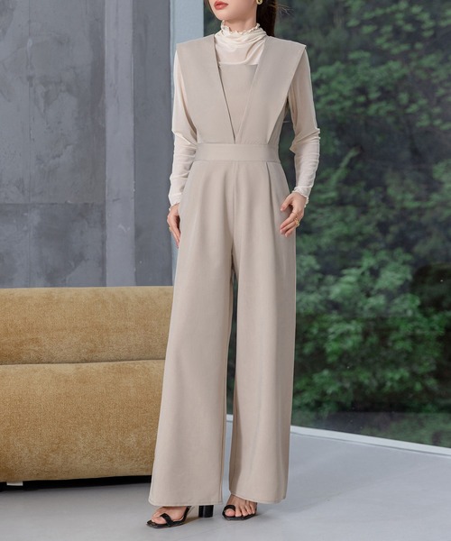 DAY CLOSET（デイ クローゼット）の「レディース きれいめVネックウエスト切替タックオールインワン（サロペット/オーバーオール・レディース・ブラック/グレー・FREE）」の4枚目の写真