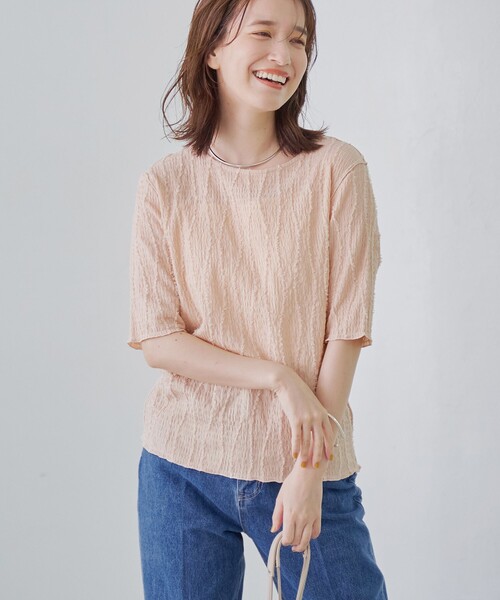 coen(コーエン)の「ナミナミジャガードメロー五分袖Tシャツ(Tシャツ/カットソー・レディース・オフホワイト/ライトブルー/ライトピンク/ブラック・L/M)」の4枚目の写真