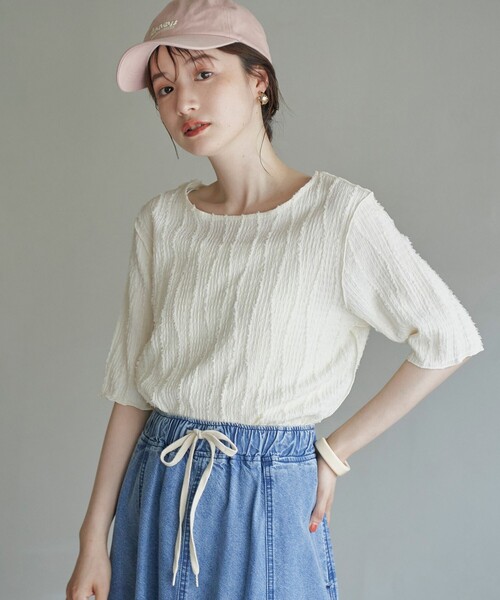 coen(コーエン)の「ナミナミジャガードメロー五分袖Tシャツ(Tシャツ/カットソー・レディース・オフホワイト/ライトブルー/ライトピンク/ブラック・L/M)」の2枚目の写真