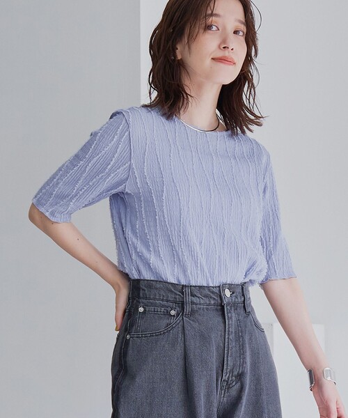 coen(コーエン)の「ナミナミジャガードメロー五分袖Tシャツ(Tシャツ/カットソー・レディース・オフホワイト/ライトブルー/ライトピンク/ブラック・L/M)」の1枚目の写真
