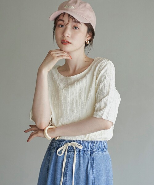 coen(コーエン)の「ナミナミジャガードメロー五分袖Tシャツ(Tシャツ/カットソー・レディース・オフホワイト/ライトブルー/ライトピンク/ブラック・L/M)」の12枚目の写真