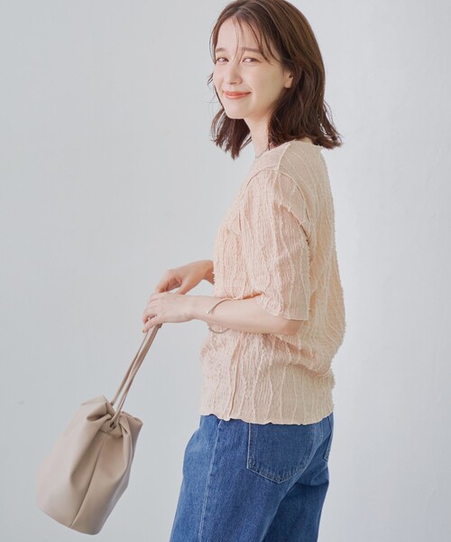 coen(コーエン)の「ナミナミジャガードメロー五分袖Tシャツ(Tシャツ/カットソー・レディース・オフホワイト/ライトブルー/ライトピンク/ブラック・L/M)」の7枚目の写真