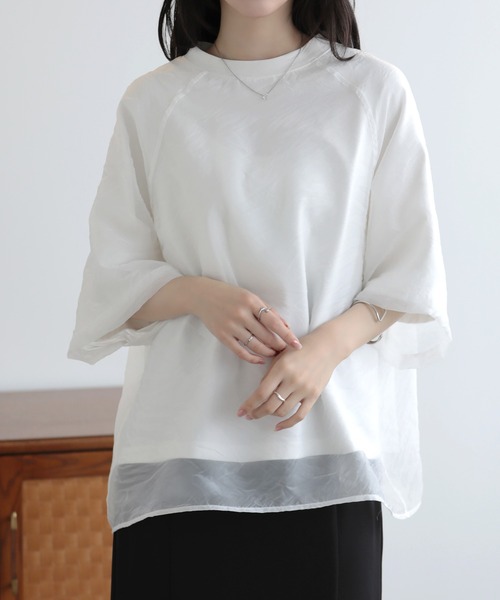 ドッキング アーガイルトライアングル カットソー つるつるシアー異素材ドッキングTシャツ（Tシャツ/カットソー