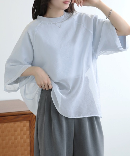 SUNFLOWER EIGHT(サンフラワーエイト)の「つるつるシアー異素材ドッキングTシャツ(Tシャツ/カットソー・レディース・ブラック/グレイッシュベージュ/ホワイト/グレイッシュブルー・FREE)」の20枚目の写真