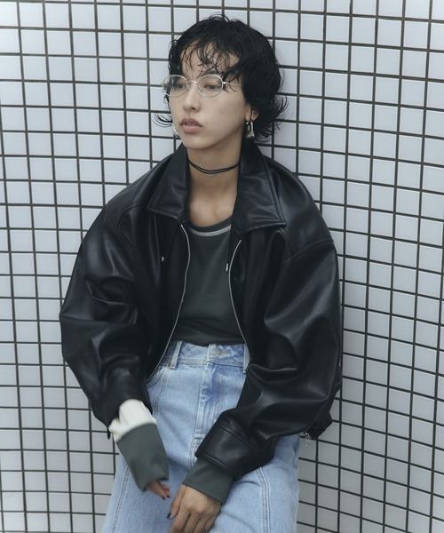 セール】バルーンフェイクレザージャケット 秋服・冬服（ブルゾン