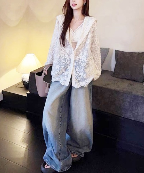 gossip!ロサンゼルス(ゴシップロサンゼルス)の「きゅんとする立体花レース透け感!【冷房対策】パーカー付きシアーレース長袖カーディガン(カーディガン/ボレロ・レディース・オフホワイト・M)」の10枚目の写真