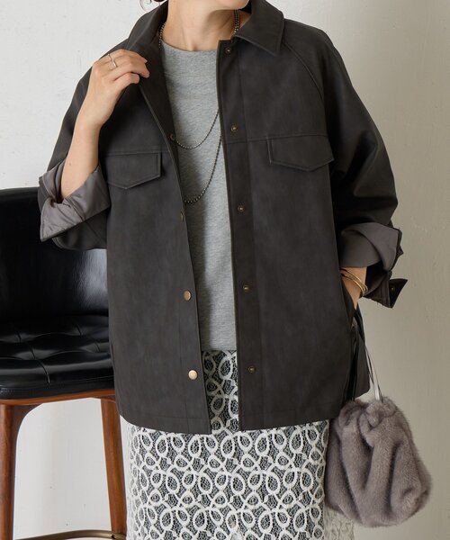 Jena espace merveilleux（ジェナ　エスパスメルヴェイユ）の「フェイクレザージャケット（その他アウター・レディース・チャコールグレー/ベージュ・FREE）」の7枚目の写真