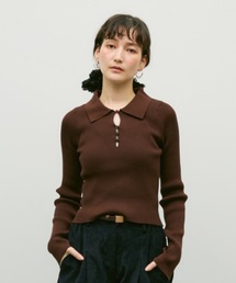 Long sleeve polo collar rib tops / ロングスリーブポロ襟リブトップス