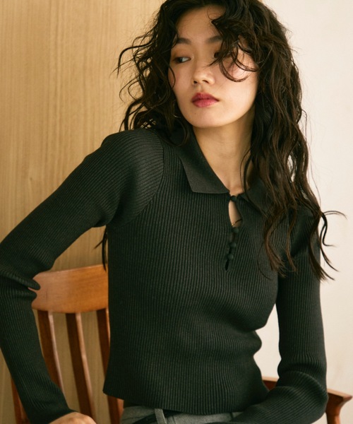 セール】Long sleeve polo collar rib tops / ロングスリーブ