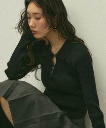 Long sleeve polo collar rib tops / ロングスリーブポロ襟リブトップス