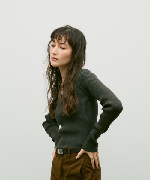 Long sleeve polo collar rib tops / ロングスリーブポロ襟リブ