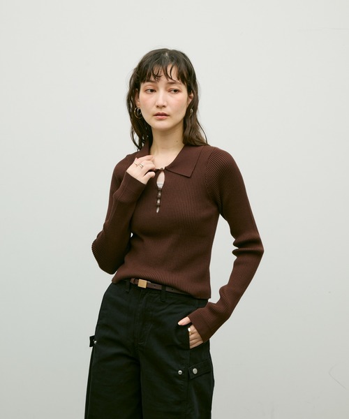 セール】Long sleeve polo collar rib tops / ロングスリーブ
