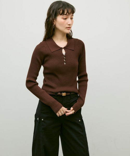 Long sleeve polo collar rib tops / ロングスリーブポロ襟リブ