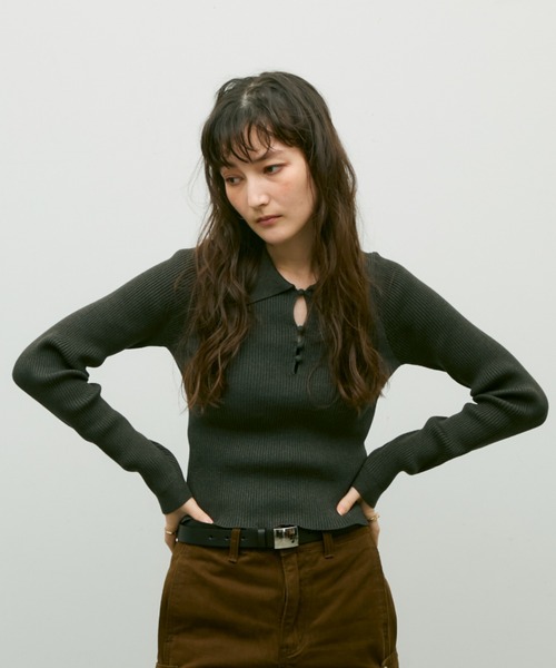 セール】Long sleeve polo collar rib tops / ロングスリーブポロ襟