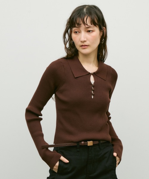 ans dotslovener ロングスリーブトップス セール】Long sleeve polo collar rib tops / ロングスリーブ