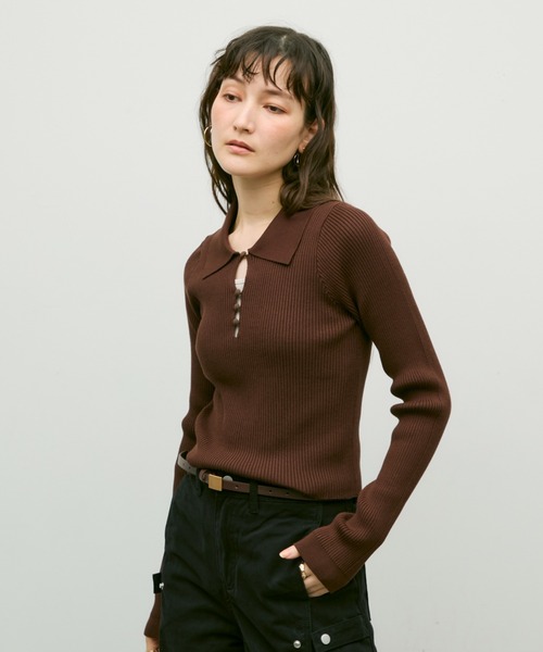 Long sleeve polo collar rib tops / ロングスリーブポロ襟リブ