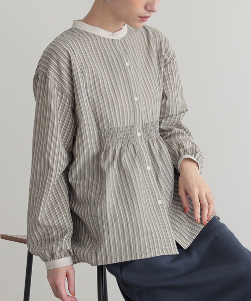 n'OrLABEL(ノアールレーベル)の「『ストライプクレリックブラウス』(シャツ/ブラウス・レディース・ベージュ/ブルー・2/1)」の1枚目の写真