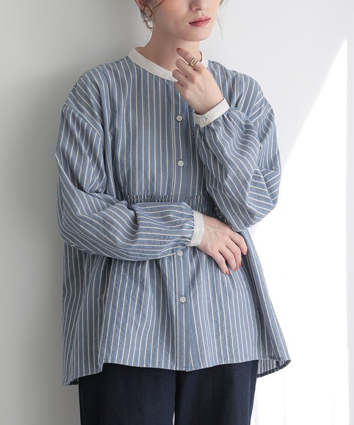 n'OrLABEL(ノアールレーベル)の「『ストライプクレリックブラウス』(シャツ/ブラウス・レディース・ベージュ/ブルー・2/1)」の3枚目の写真