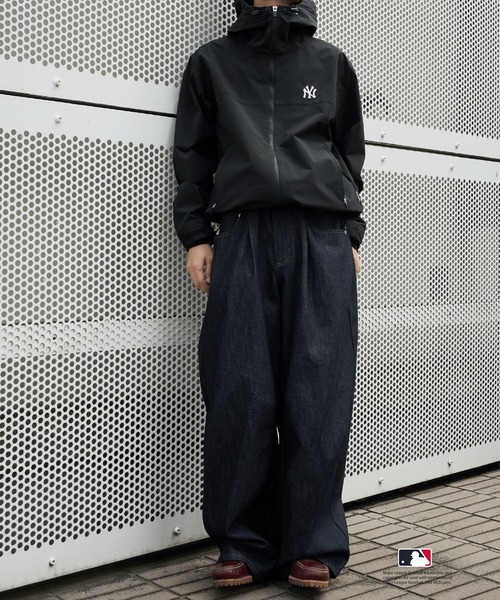 perushu ペルーシュ ダブルジップジャケット セール】Perushu × MLB コラボダブルジップシェルフードブルゾン