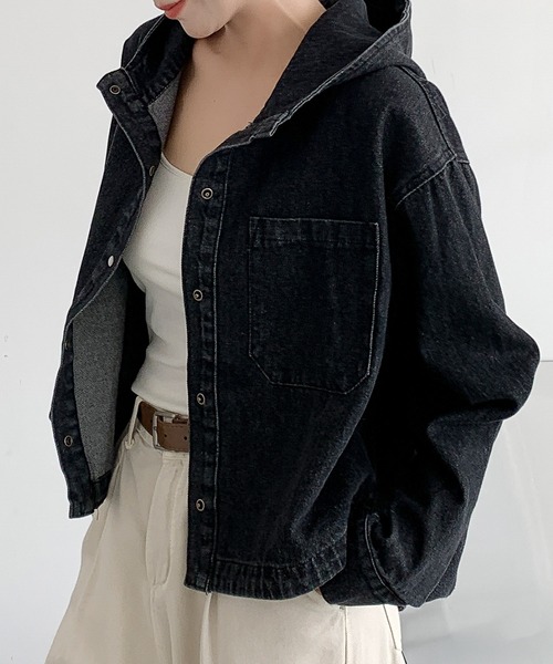 LOWO(ロワ)の「綿混 フード付き デニム パーカー(デニムジャケット・レディース・ブルー/ブラック・FREE)」の8枚目の写真