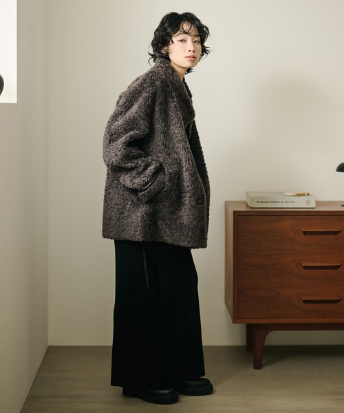 新品・未使用 LAULEN スタンドカラー ボアミドル コート 黒 コート アウター B3 boa jacket /スタンドカラーボアミドルジャケット