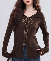 A'GEM/9 × .kom 『.KOM/ドットケーオーエム』 Lace Up Damaged Rib Knit Top/Y2Kレースアップダメージリブニットトップス