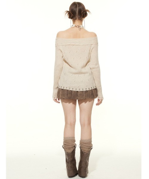 .KOM(ドットコム)の「A'GEM/9 × .kom 『.KOM/ドットケーオーエム』 Lace Up Damaged Rib Knit Top/Y2Kレースアップダメージリブニットトップス(ニット/セーター・レディース・ベージュ/ブラウン・FREE)」の7枚目の写真