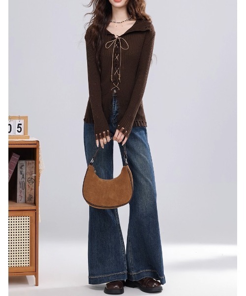 .KOM(ドットコム)の「A'GEM/9 × .kom 『.KOM/ドットケーオーエム』 Lace Up Damaged Rib Knit Top/Y2Kレースアップダメージリブニットトップス(ニット/セーター・レディース・ベージュ/ブラウン・FREE)」の20枚目の写真