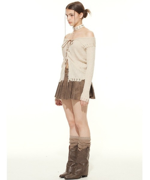 .KOM(ドットコム)の「A'GEM/9 × .kom 『.KOM/ドットケーオーエム』 Lace Up Damaged Rib Knit Top/Y2Kレースアップダメージリブニットトップス(ニット/セーター・レディース・ベージュ/ブラウン・FREE)」の6枚目の写真