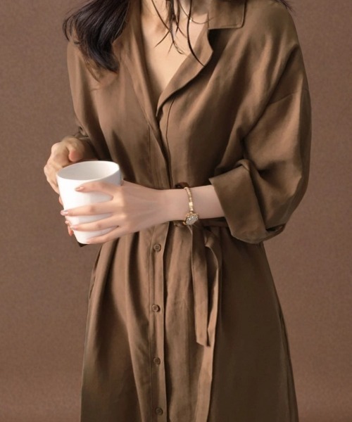 cammie(キャミー)の「リボンベルト付きシャツワンピース(シャツワンピース・レディース・ブラウン/ネイビー・M/L)」の6枚目の写真