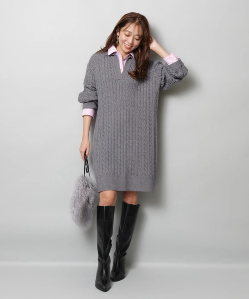 JUSGLITTY（ジャスグリッティー）の「レイヤードケーブルミニワンピース（ワンピース・レディース・グレー/ホワイト/キャメル/ネイビー・1/2）」の12枚目の写真