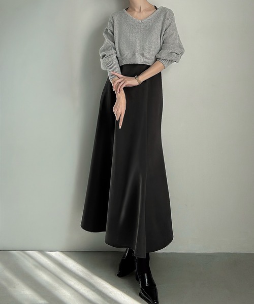 Meiru(メイル)の「ショートニット+マーメイドキャミワンピースset(薄手、裏地なし)(ワンピース・レディース・ブラウン/ブラック/チャコール・LARGE/MEDIUM/SMALL)」の1枚目の写真